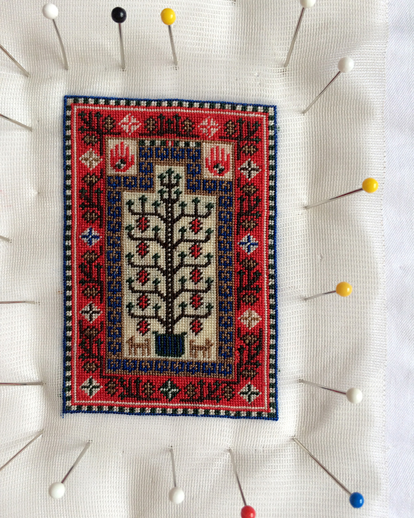 Blocking the tiny Baluchi prayer rug