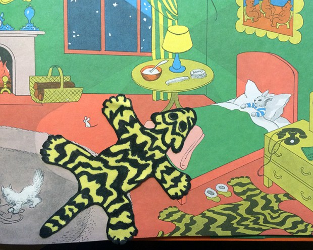 In the great green room is a tiger skin rug, but it is not said goodnight to